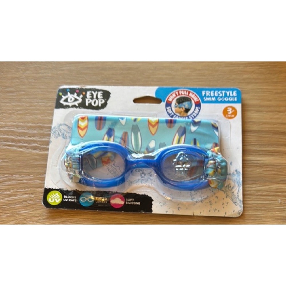 Eye Pop Freestyle Swim Goggles Kids Blue Surfboard Fabric Strap UV Protection 3+